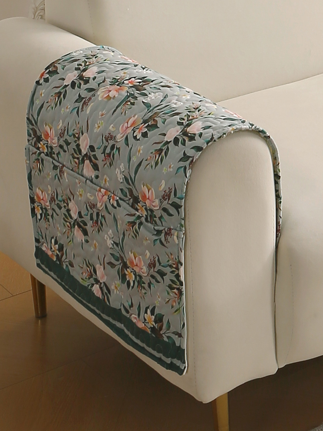 HOKIPO Florentina Series Green & Orange 2 Pieces Floral Printed Velvet Armrest Covers