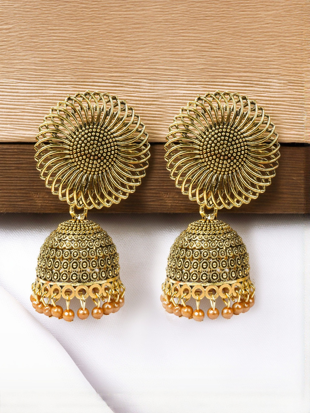 Kanha traders Brass Plated Artificial Stones Studded And Beaded Dome Shaped Jhumkas