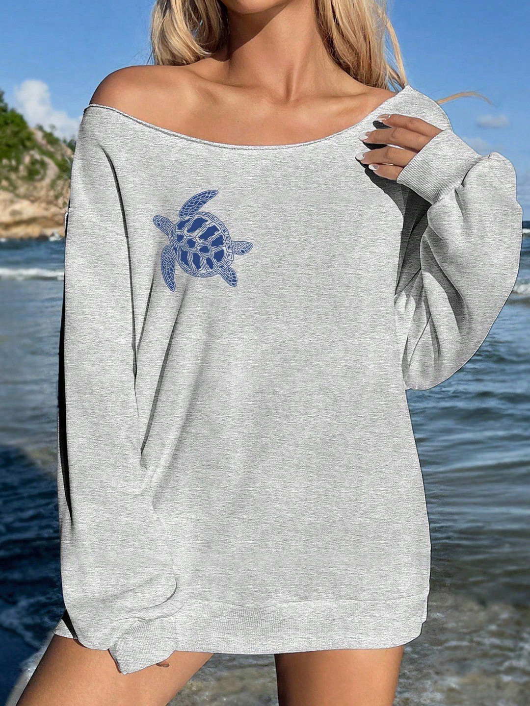 SXV STYLE Women Turtle Printed Off-Shoulder Oversized Sweatshirt