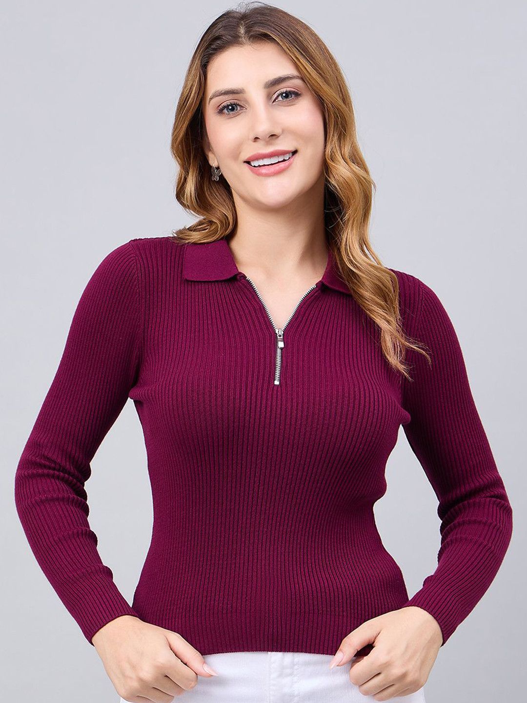 98 Degree North Women Shirt Collar Half Zipper Long Sleeves Ribbed Pullover