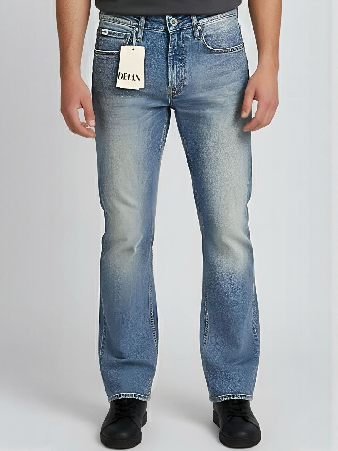 DELAN Men Jean Bootcut Mid-Rise Heavy Fade Acid Wash Stretchable Jeans