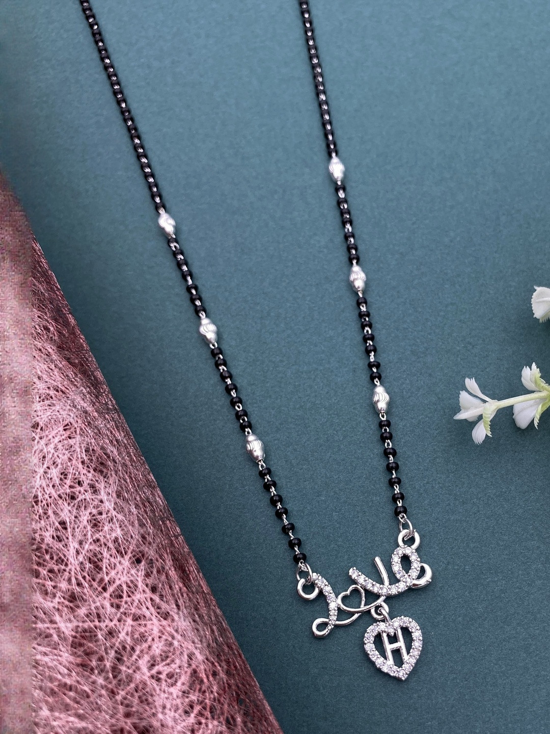 Laksh Enterprise Artificial Stones Studded & Beaded Heart Shaped H Alphabet Mangalsutra