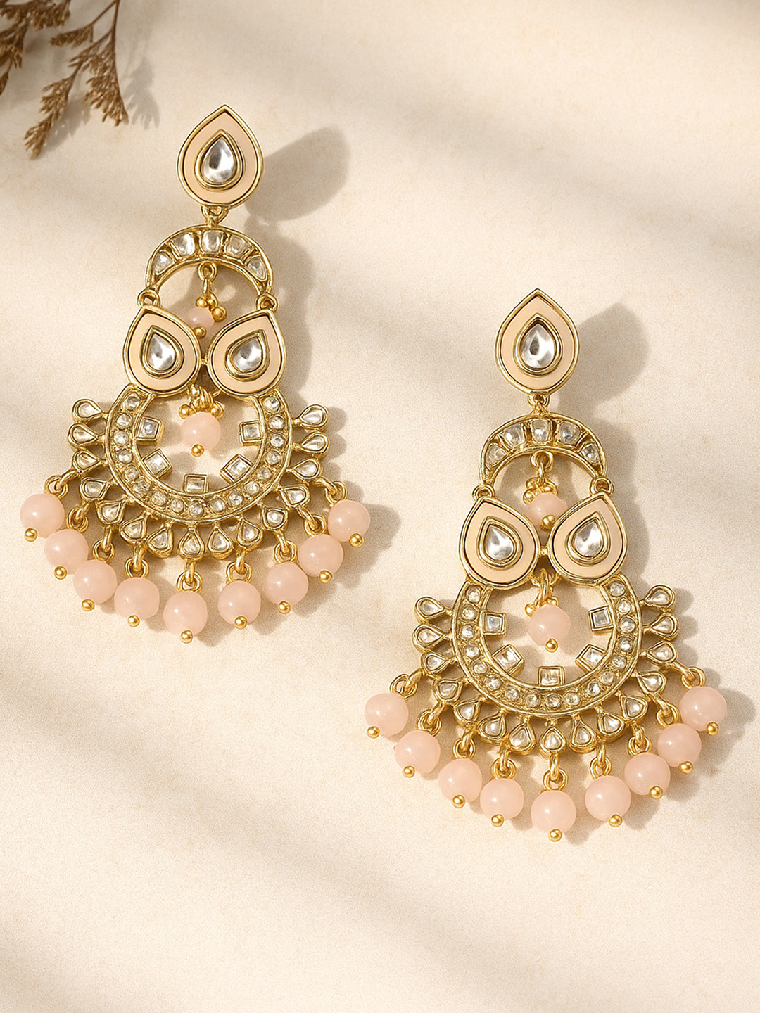KARATCART Pink Beads & Kundan Chandbalis Earrings