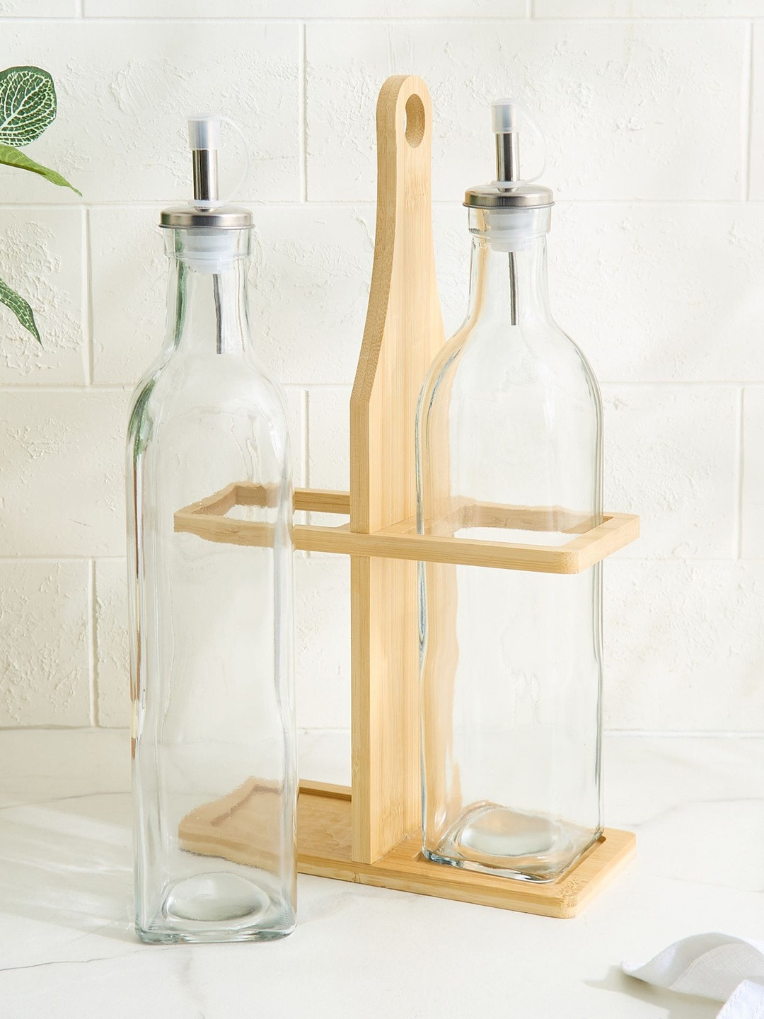 Home Centre Regal Luxe Verbia Brown 2 Pieces Oil Dispensers With Bamboo Stand 500ml