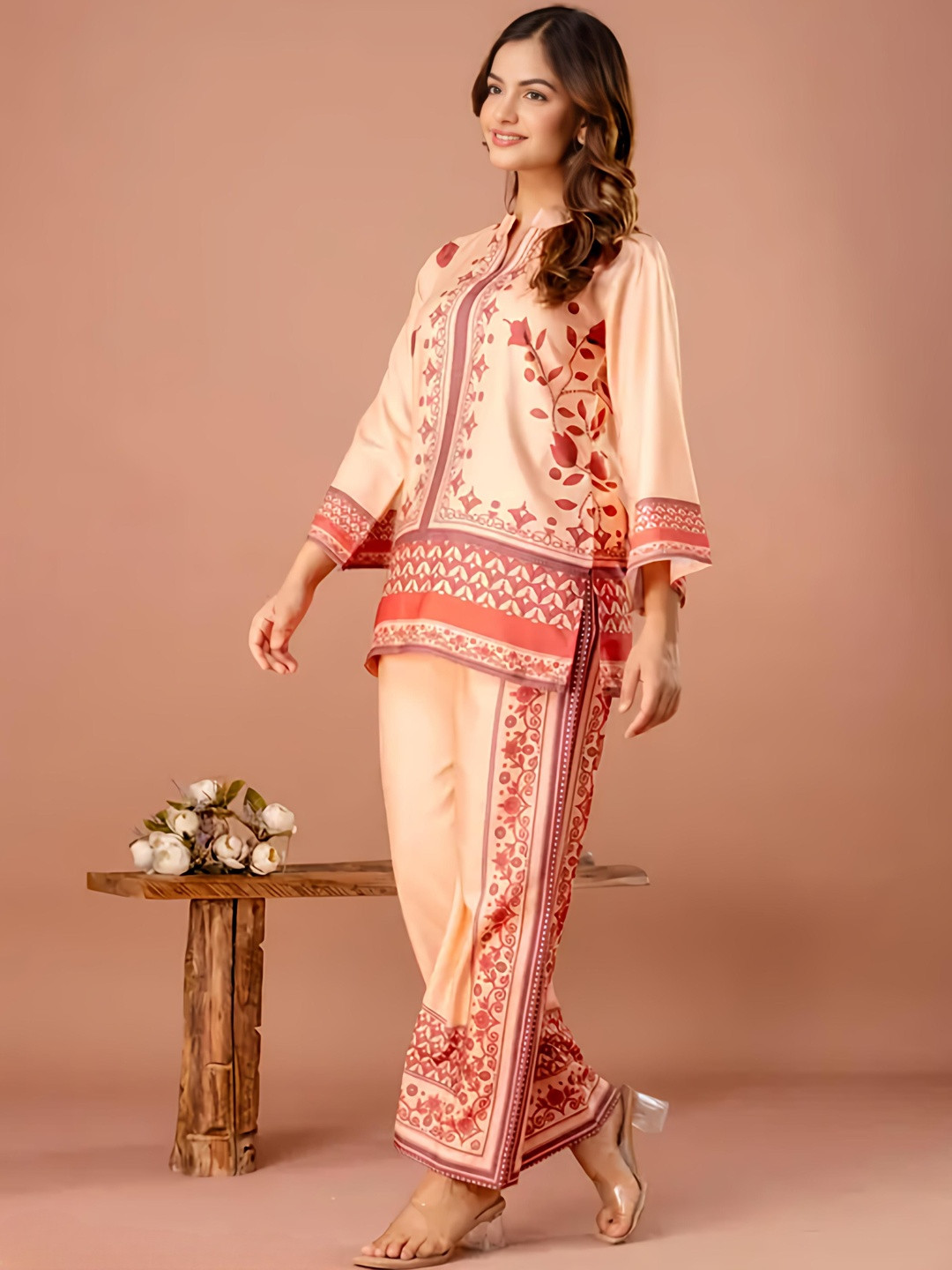 ARV TRENDS Women White & Coral Floral Printed Straight Kurta Set