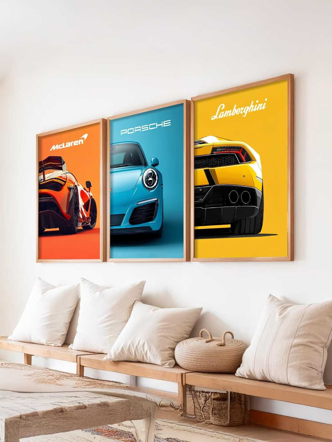 Kotart Orange & Yellow 3 Pieces Sports Car Framed Poster Wooden Wall Arts