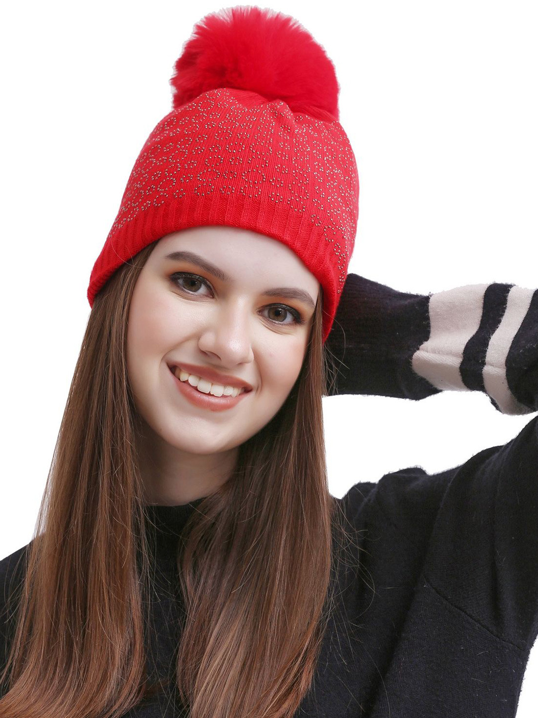 Moda Rapido Women Red Sequins Embellished Woolen Beanie