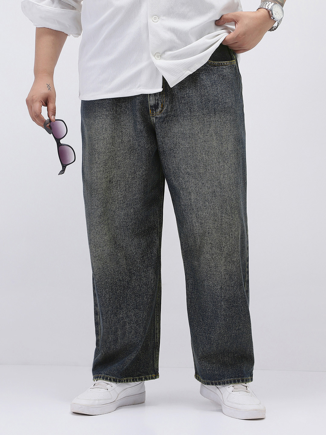 Urbano Plus Men Dark Blue Loose Baggy Fit Heavy Washed Jeans Non-Stretchable Jeans