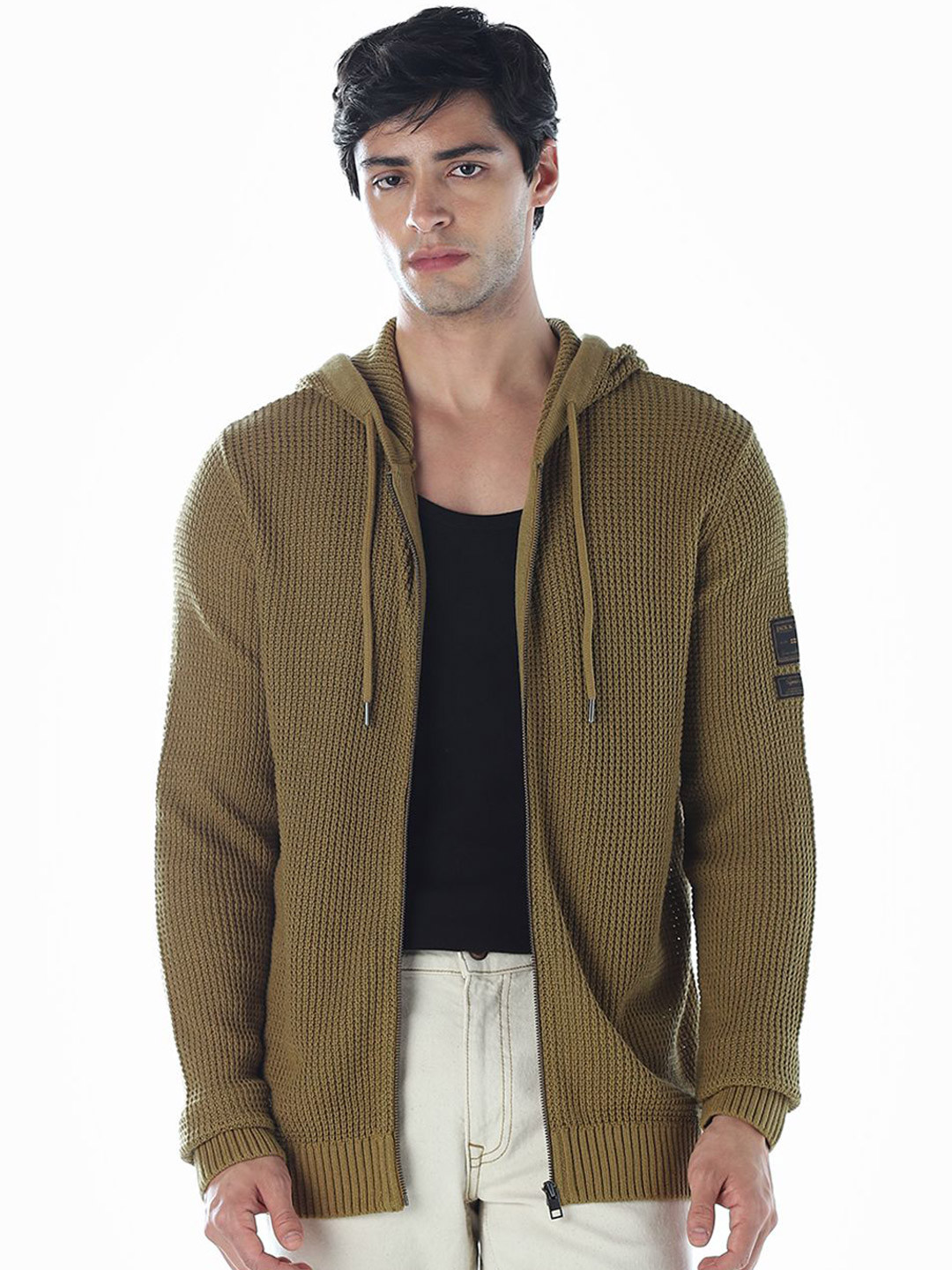 Jack & Jones Men Hooded Self Design Long Sleeves Front-Open Cotton Sweaters
