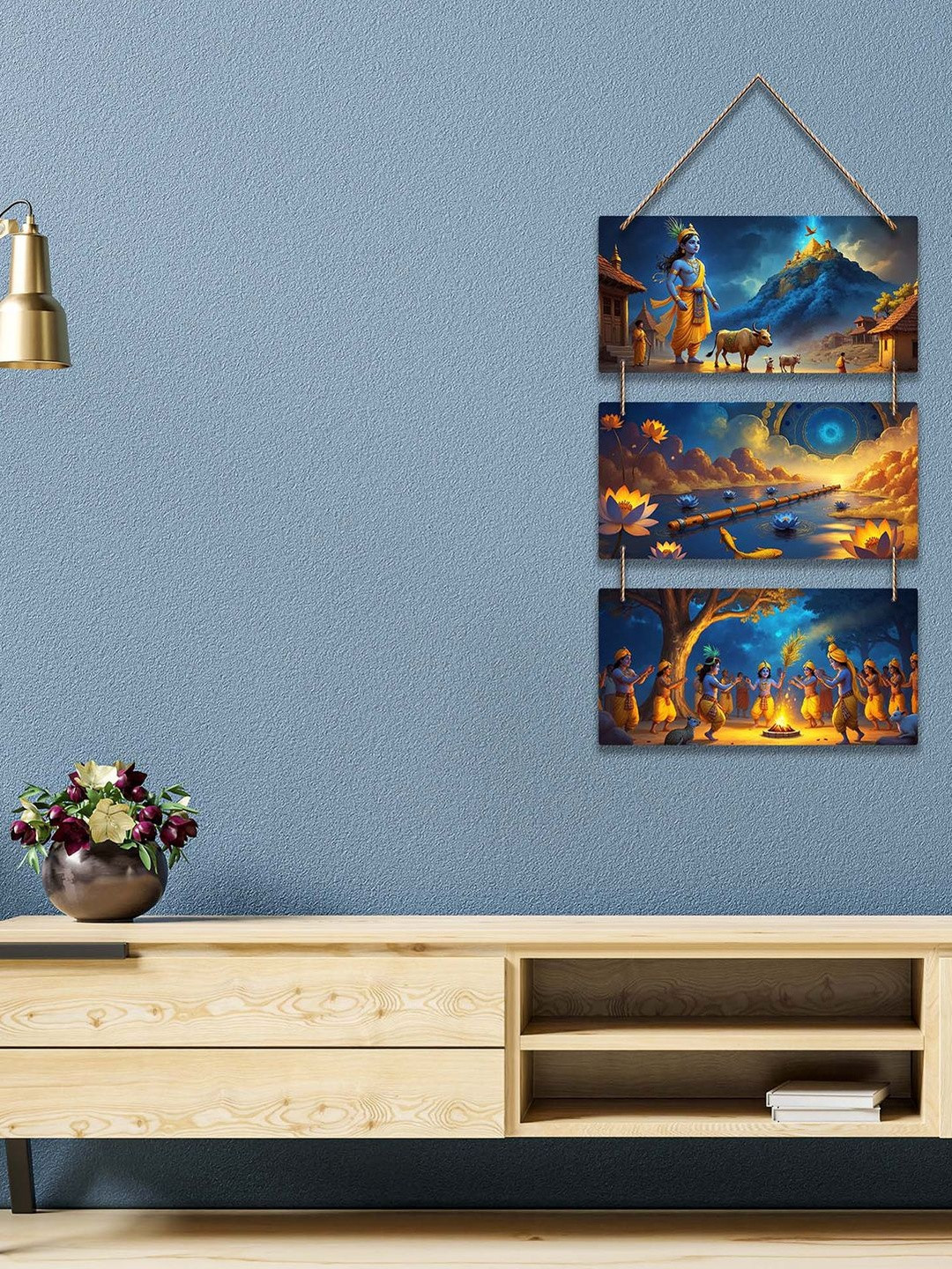 ArtVibes Blue & Yellow Printed Divine Shree Krishna & Flute Wooden Wall Hanging