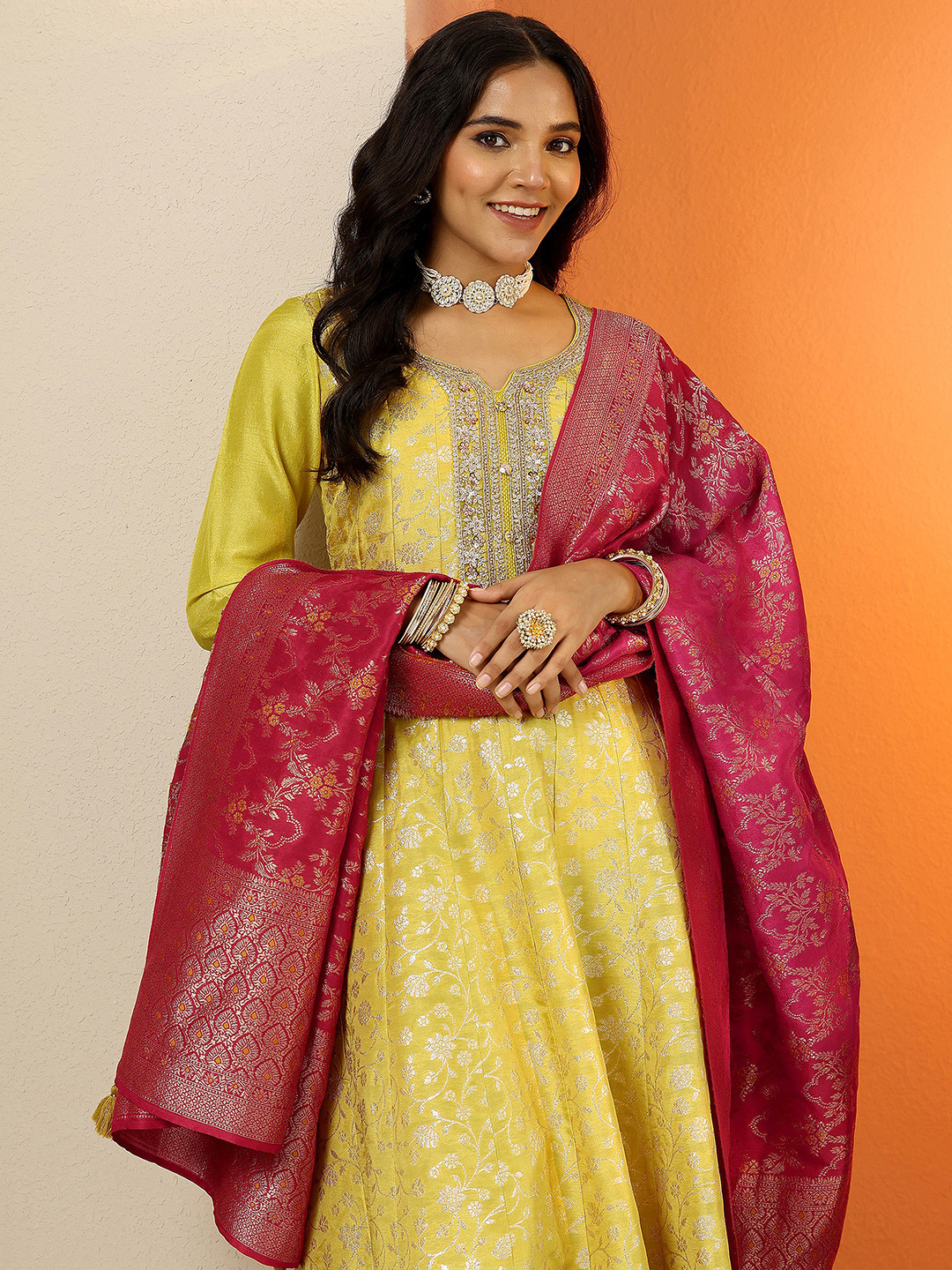 Libas Floral Woven Design Notch Neck Panelled Anarkali Kurta & Trousers With Dupatta