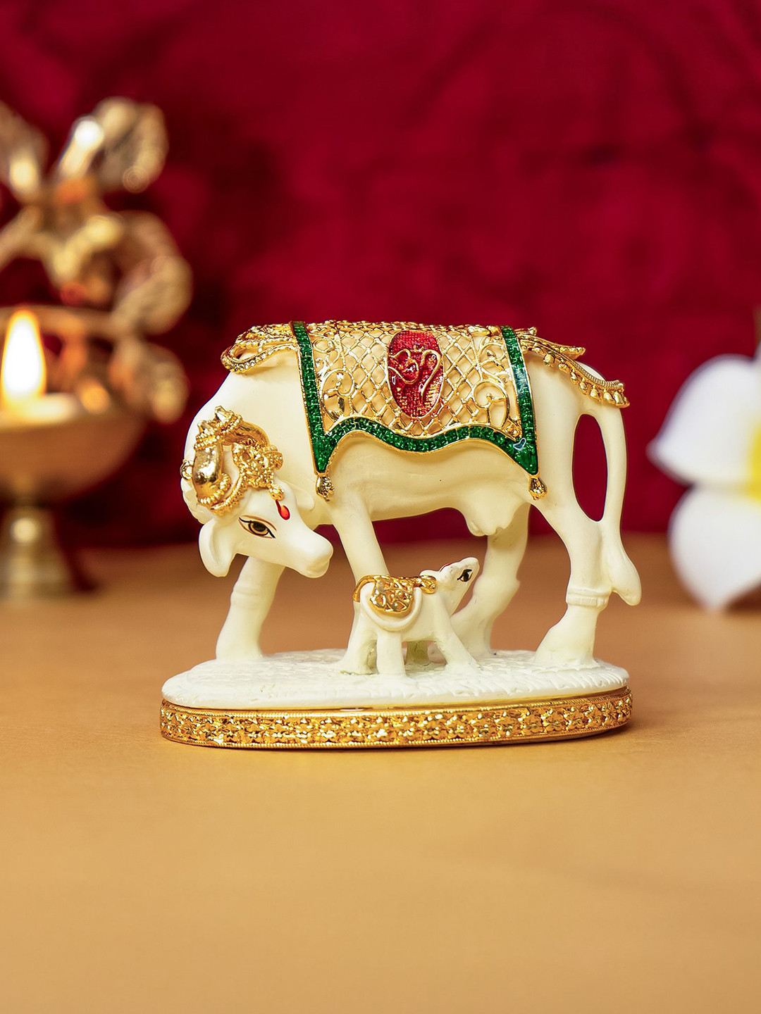 Ekhasa Multicolor Kamdhenu Cow with Calf Pooja Essentials