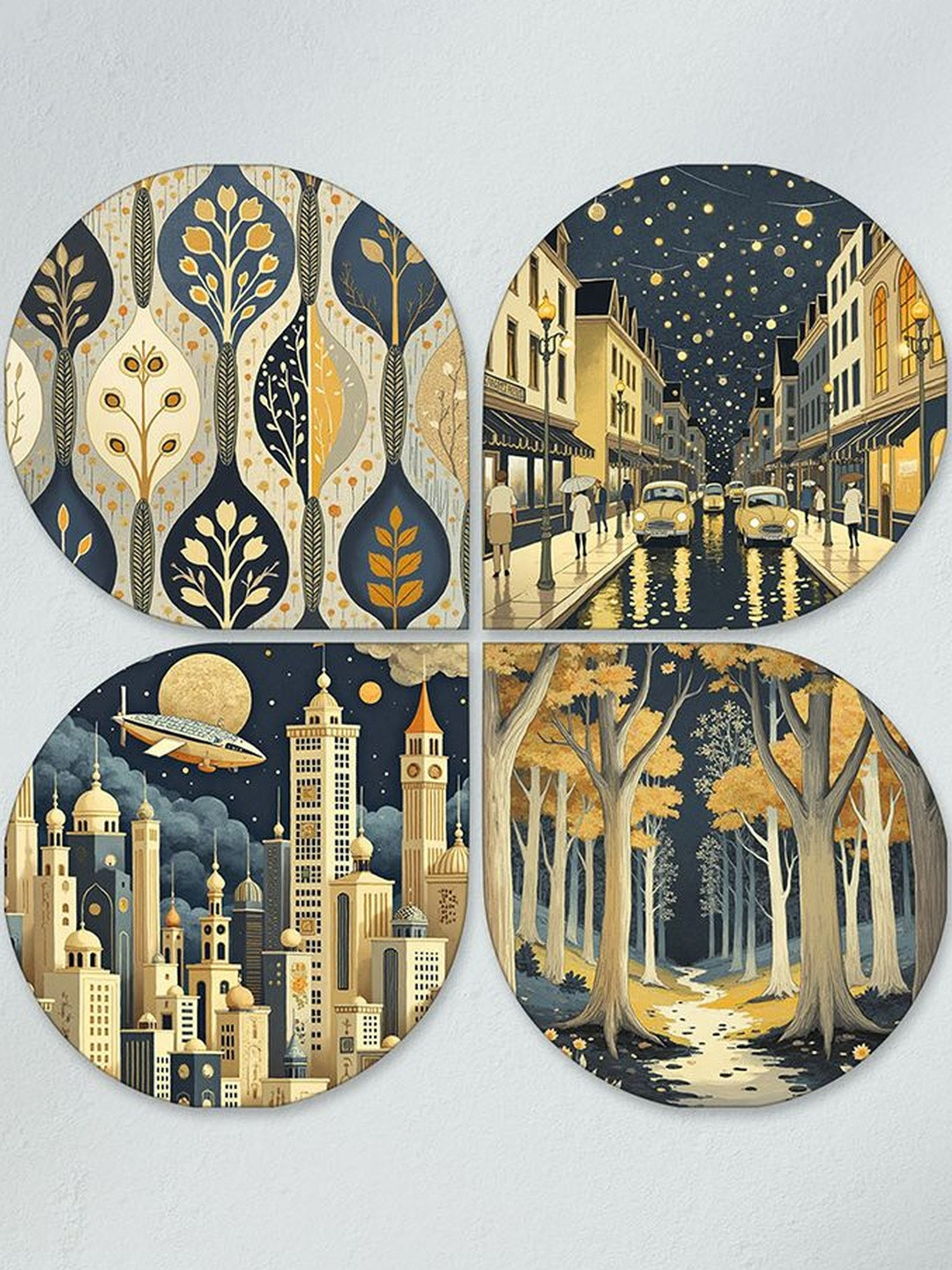 ArtVibes 4Pcs Yellow & Blue Printed Modern Nightscape Wooden Decorative Wall Hangings