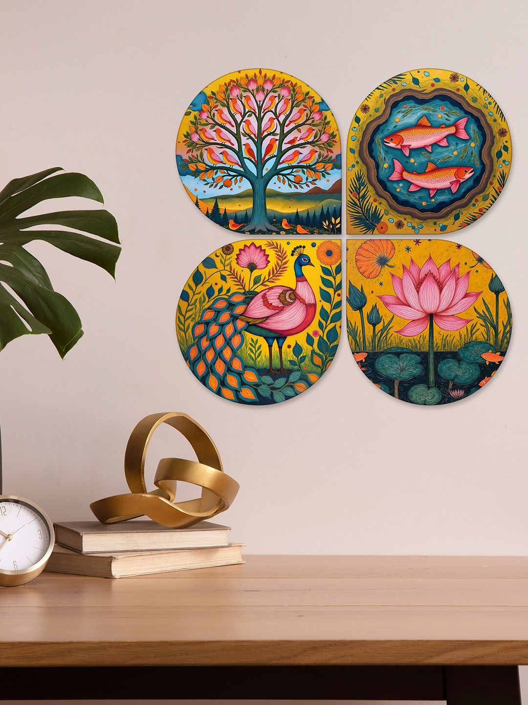 ArtVibes Set Of 4 Yellow & Pink Modern Nature Wooden Wall Hanging Decor