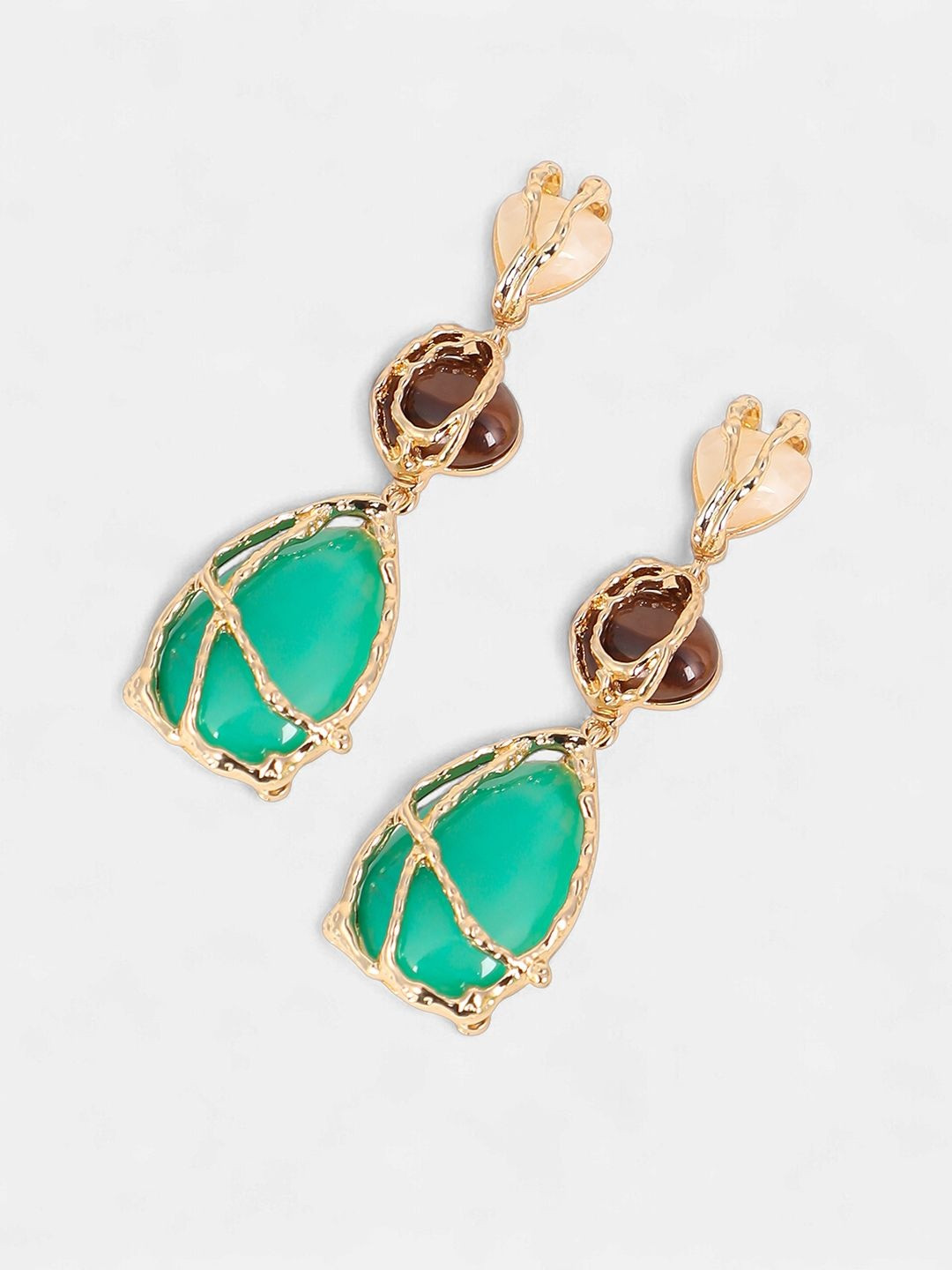 SOHI Gold-Plated The Veined Stones Studded And Beaded Teardrop Shaped Drop Earrings