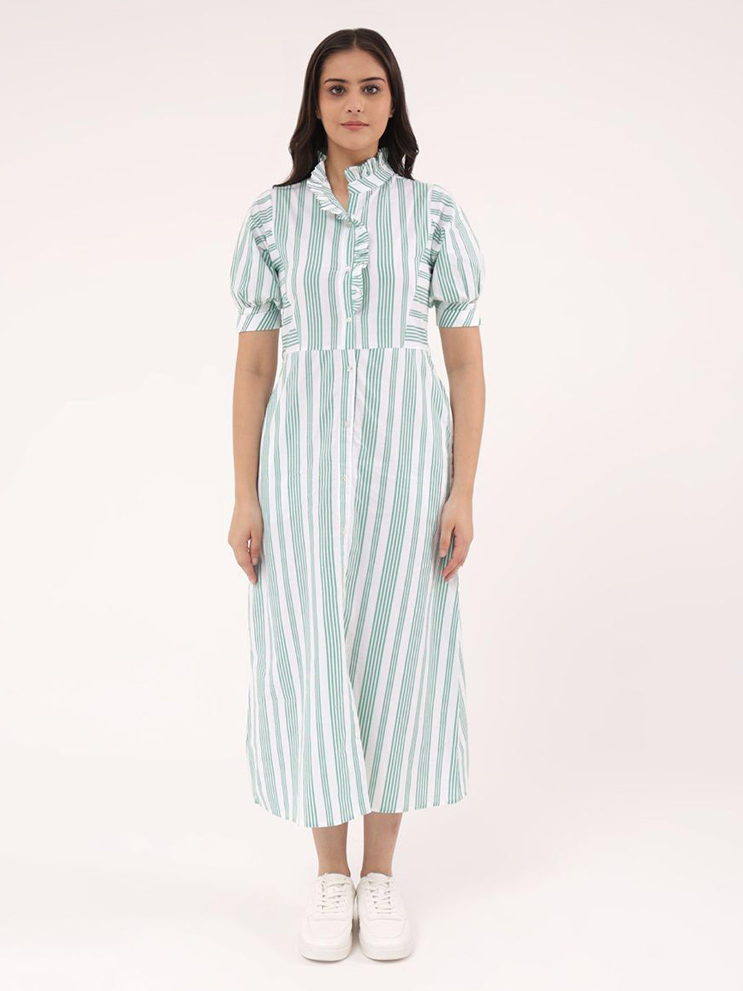 Slumber Jill Striped Puff Sleeve Ruffled Shirt Midi Dress
