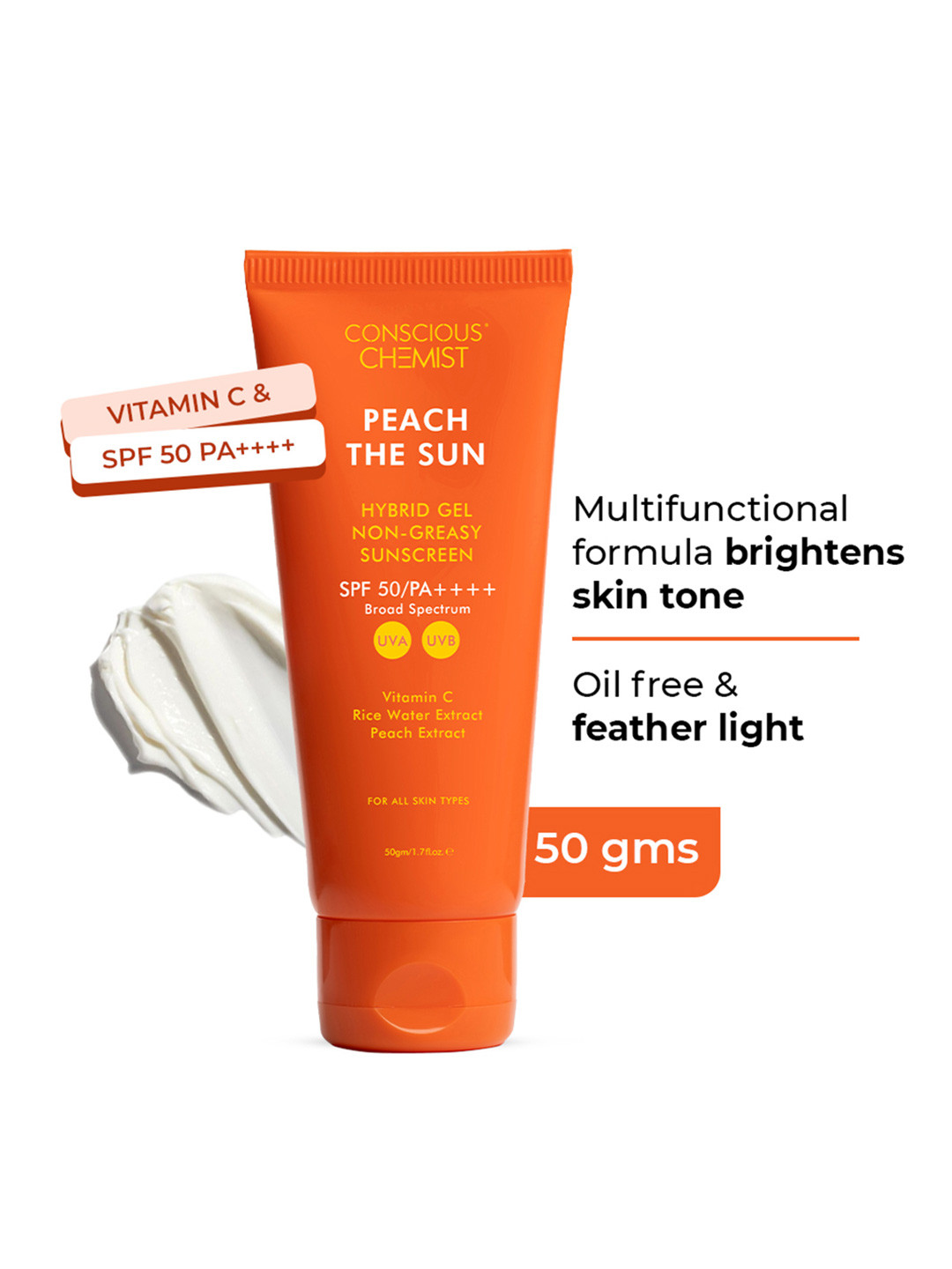 Conscious Chemist Peach Sunscreen SPF 50 PA++++ with Vitamin C & Rice Water Extract - 50g