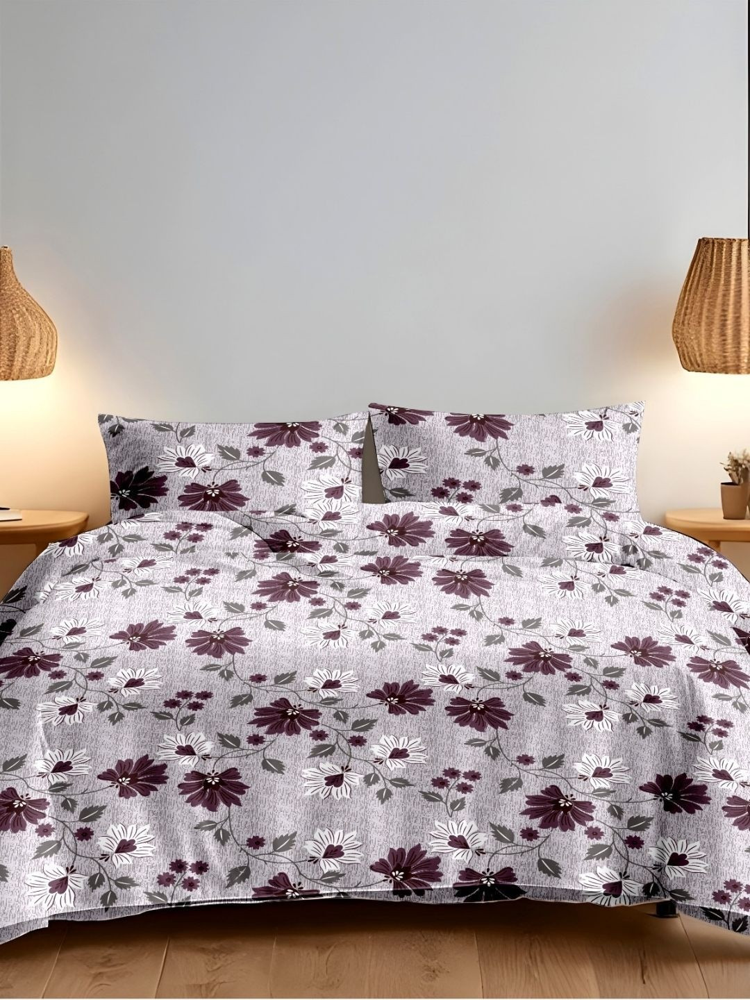 Sleeping Owls Purple & White Floral 144 TC Queen Pure Cotton Bedsheet -2.29M X 2.54M