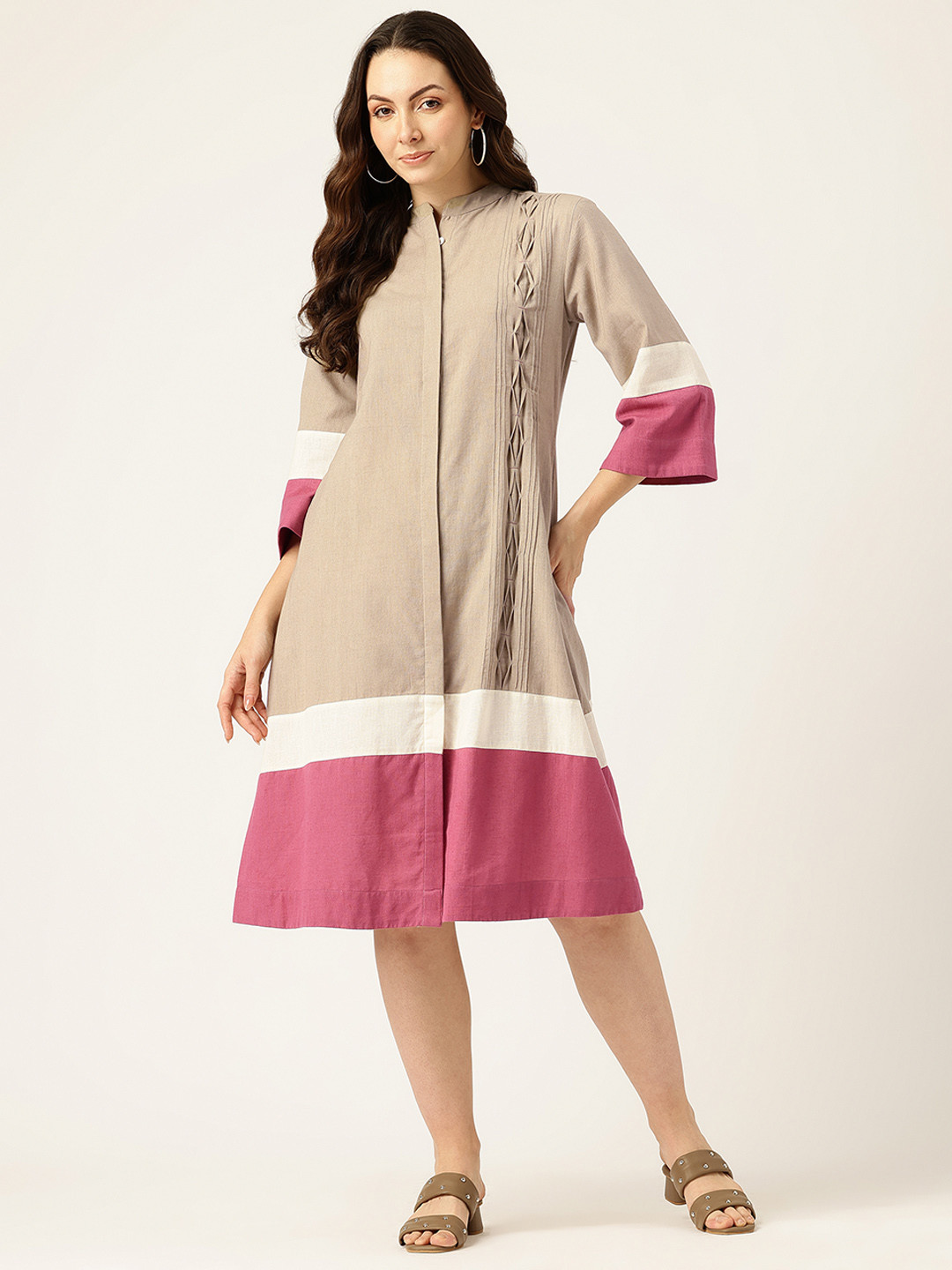 MISRI Colourblocked Pin Tucks Detail Midi A-Line Dress