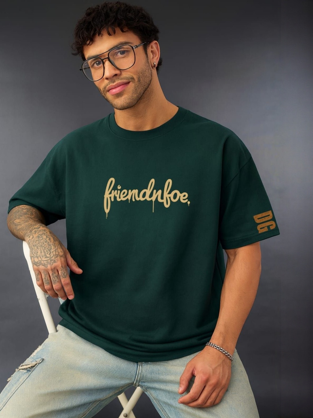 DAMN GUD DG Men's Oversized Typography Printed Drop-Shoulder Sleeves T-shirt