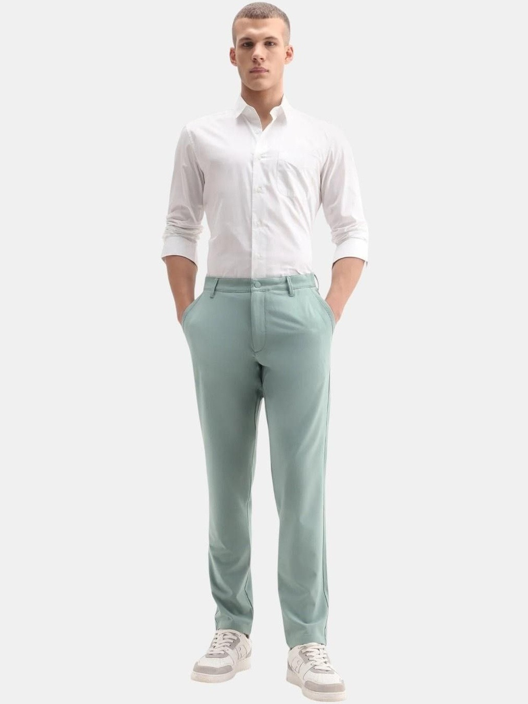 RARE RABBIT Men Solid Mid-Rise Regular Fit Easy Wash Trousers