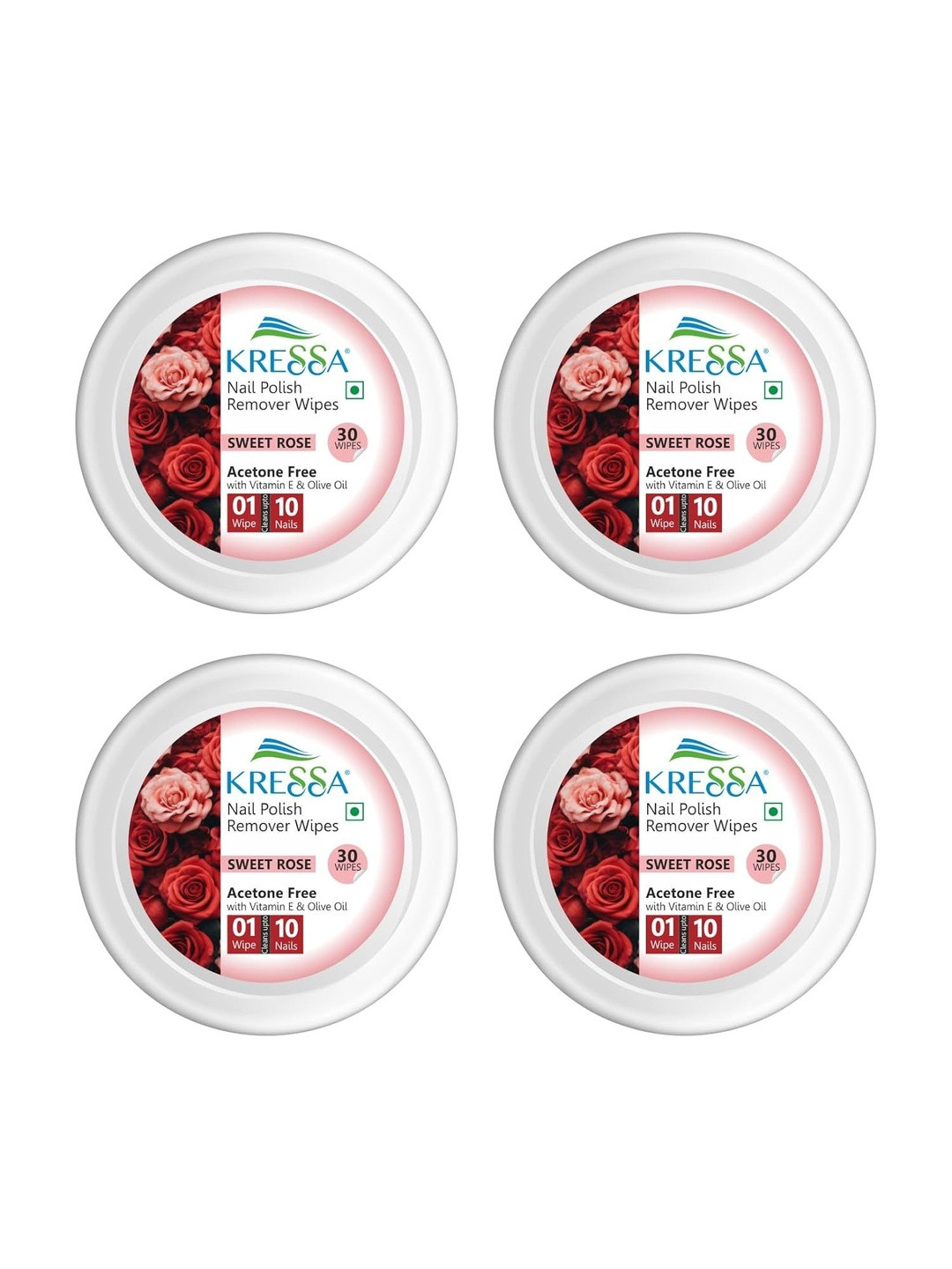 kressa Set Of 4 Nail Polish Remover Wipes- 30 Wipes Each- Sweet Rose