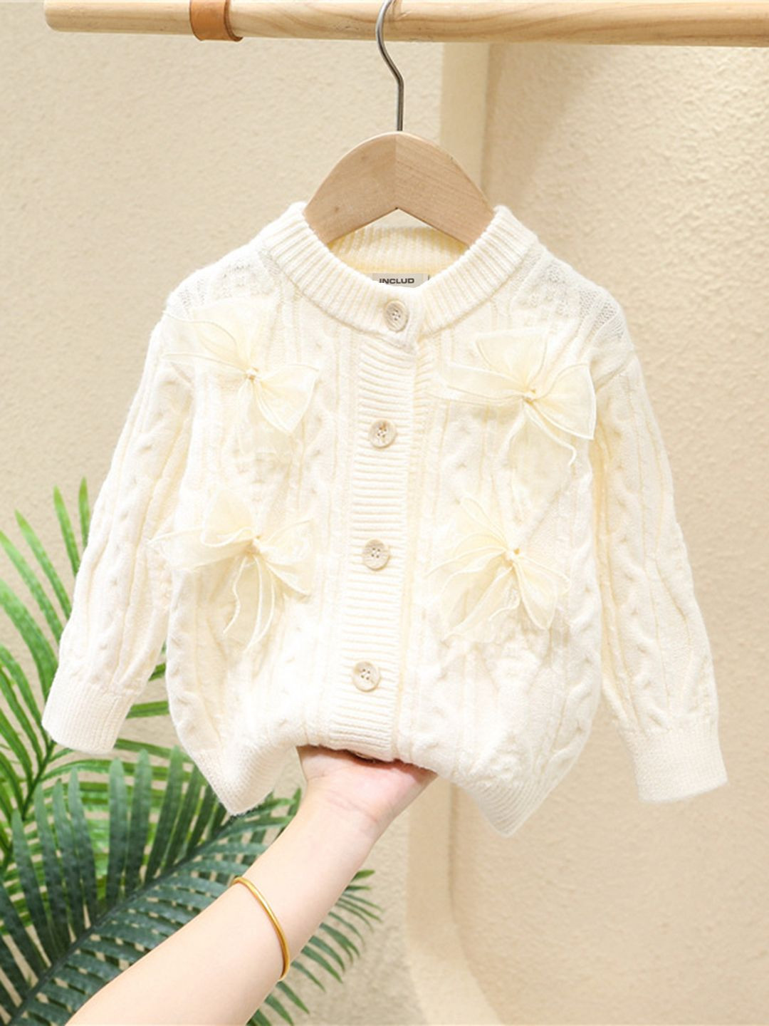 INCLUD Girls Band Collar Long Sleeves Cardigan With Bow Details