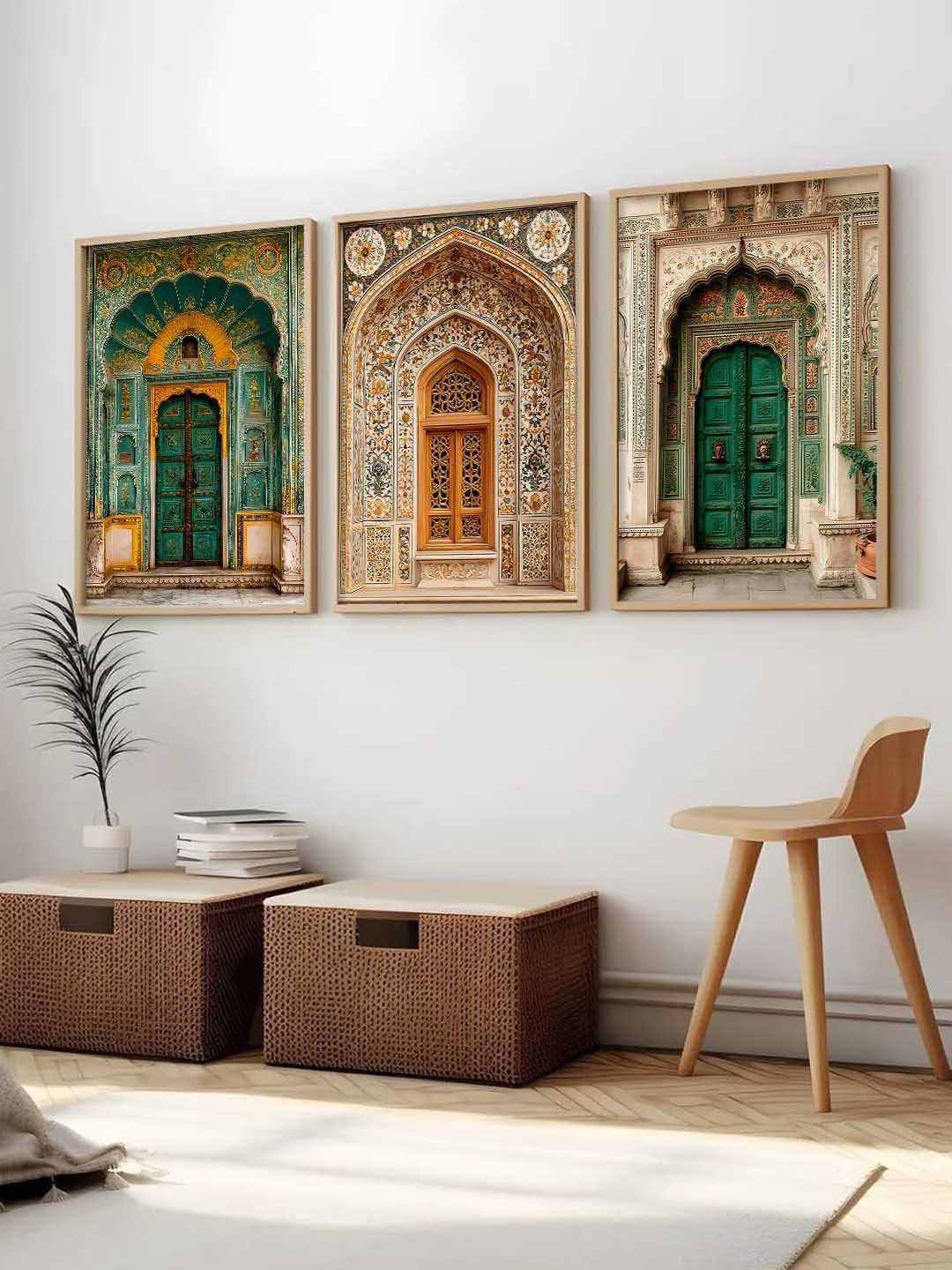 Kotart Beige & Green 3 Pieces Traditional Framed Poster Wooden Wall Arts