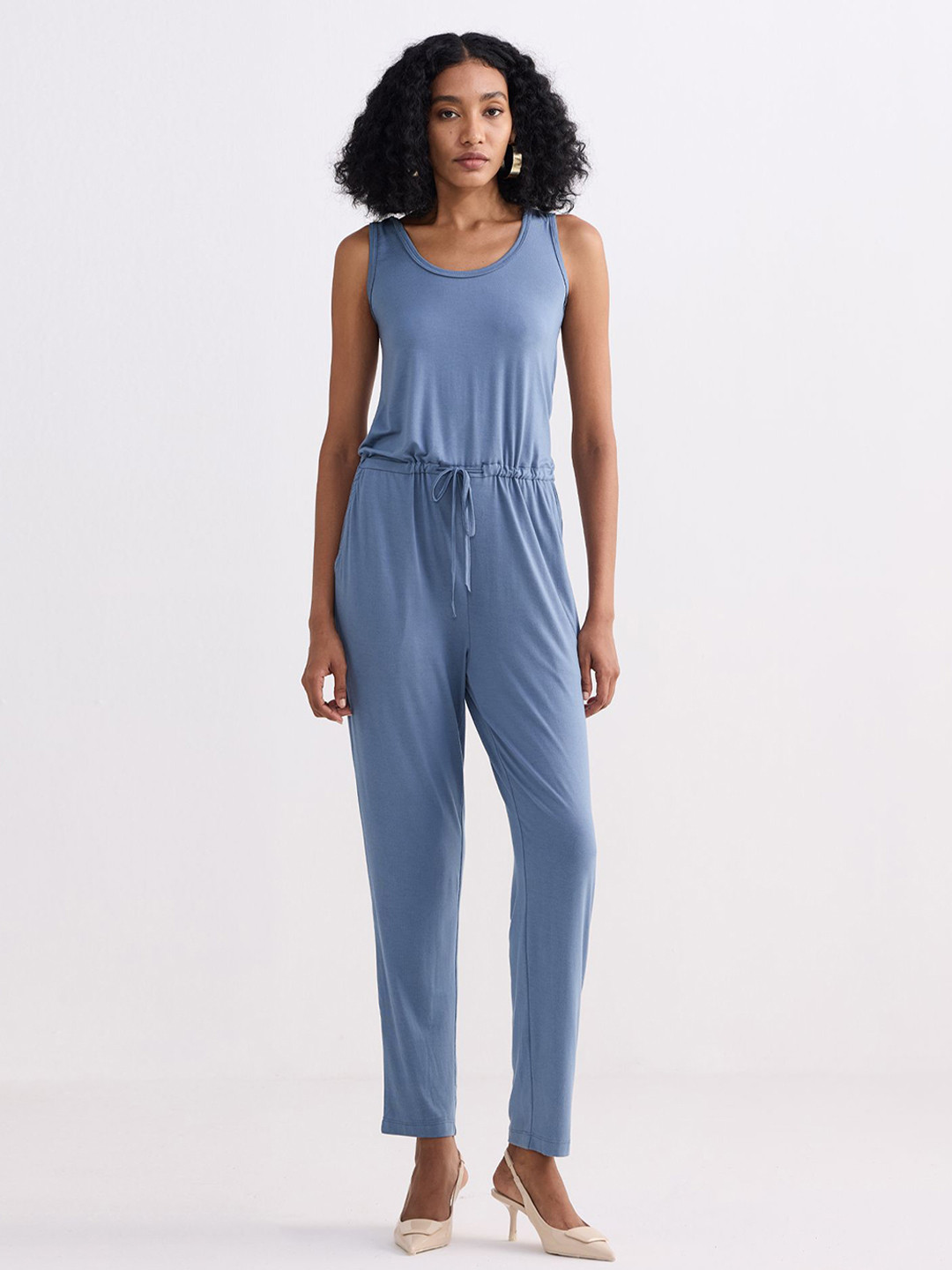 Reistor Women Solid Relaxed Waist Tie-Ups Basic Jumpsuit