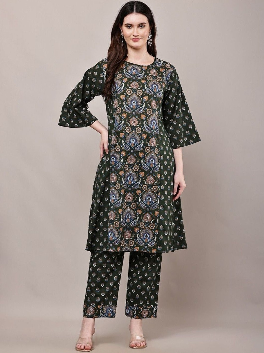 Crystallfashion Ethnic Motifs Printed Round Neck Pure Cotton Straight Kurta With Trousers