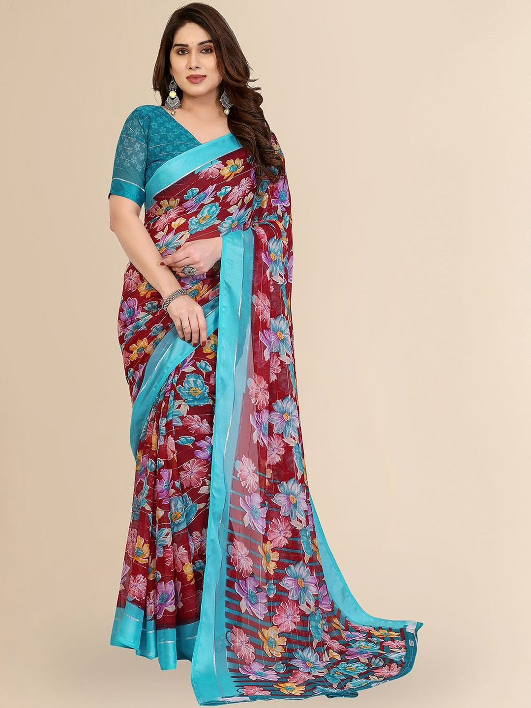 Moda Rapido Women Floral Georgette Satin Saree with Silver Thread Work