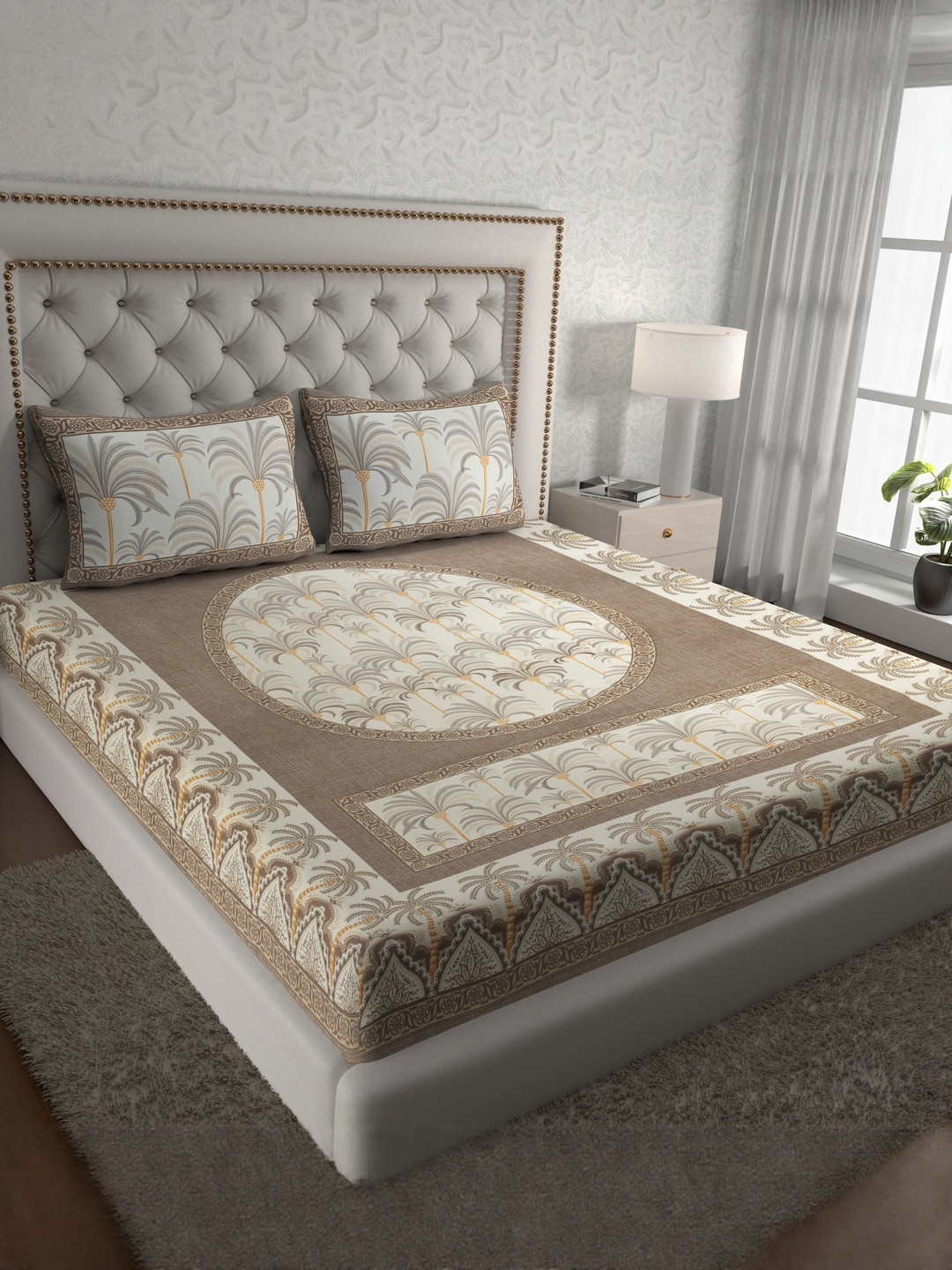 ABHACLOTHO Brown & Beige Floral Printed Cotton 144 TC Bedsheet Set 2.10 m x 2.35 m