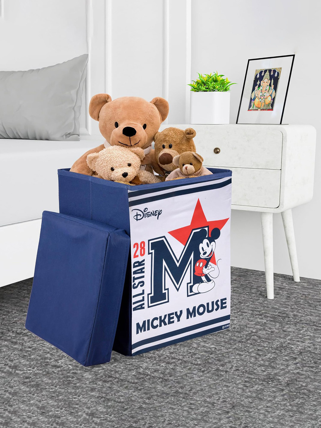 Kuber Industries Blue & White Disney Printed Toy Storage Box with Lid & Handles