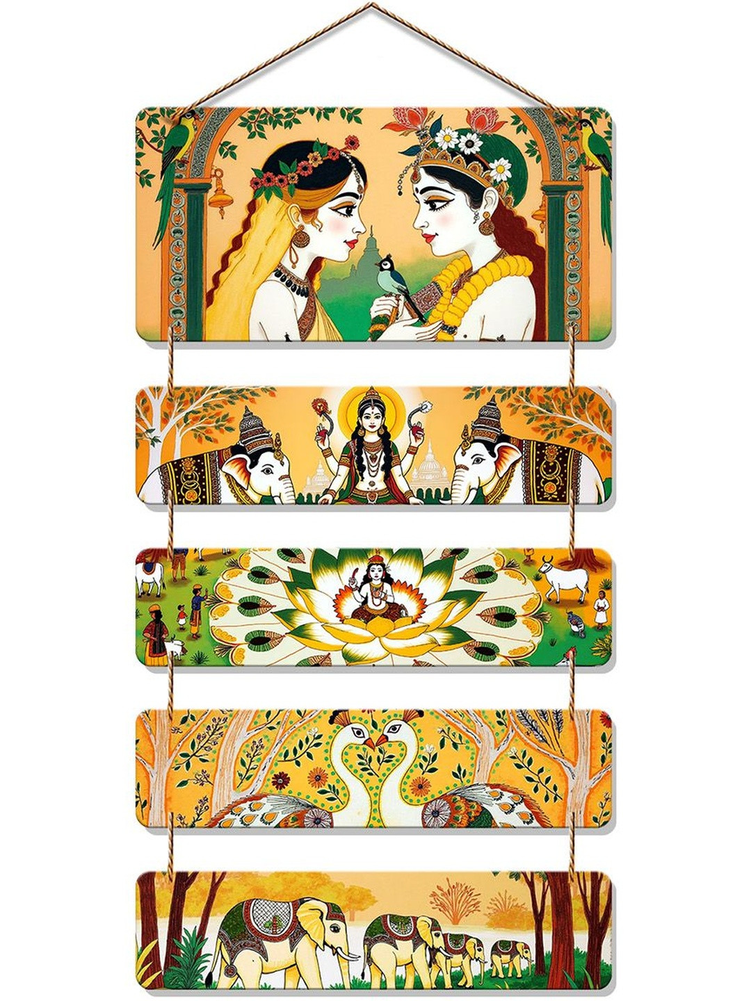ArtVibes Yellow & Brown Radha Krishna & Indian Folk Design Printed Wooden Wall Hanging