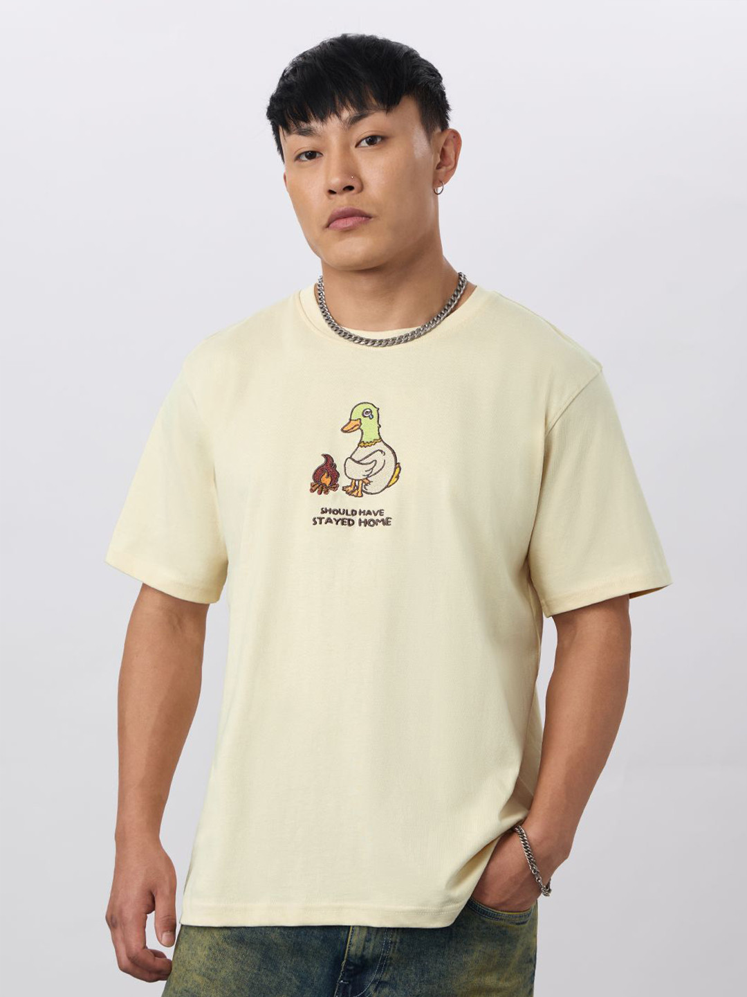 The Souled Store Stayed Home Embroidered Relaxed Fit T-Shirt