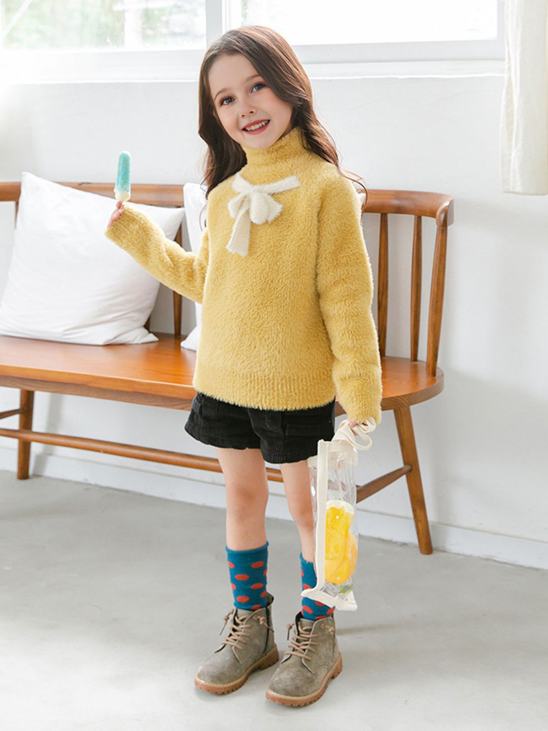 INCLUD Girls Turtle Neck With Attached Bow Pullover