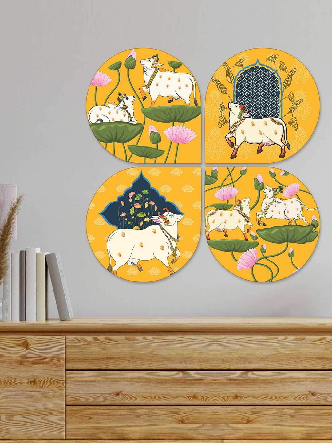 ArtVibes Unisex 4Pcs Printed Pichwai Decorative Wooden Wall Decor Hanging