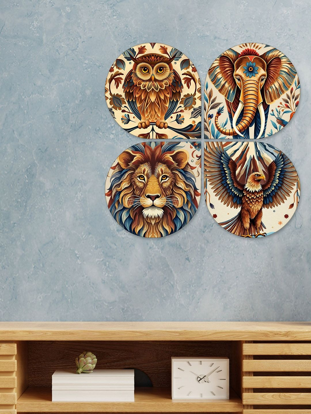 ArtVibes Cream & Brown Set Of 4 Traditional Animal Printed Wooden Wall Decors