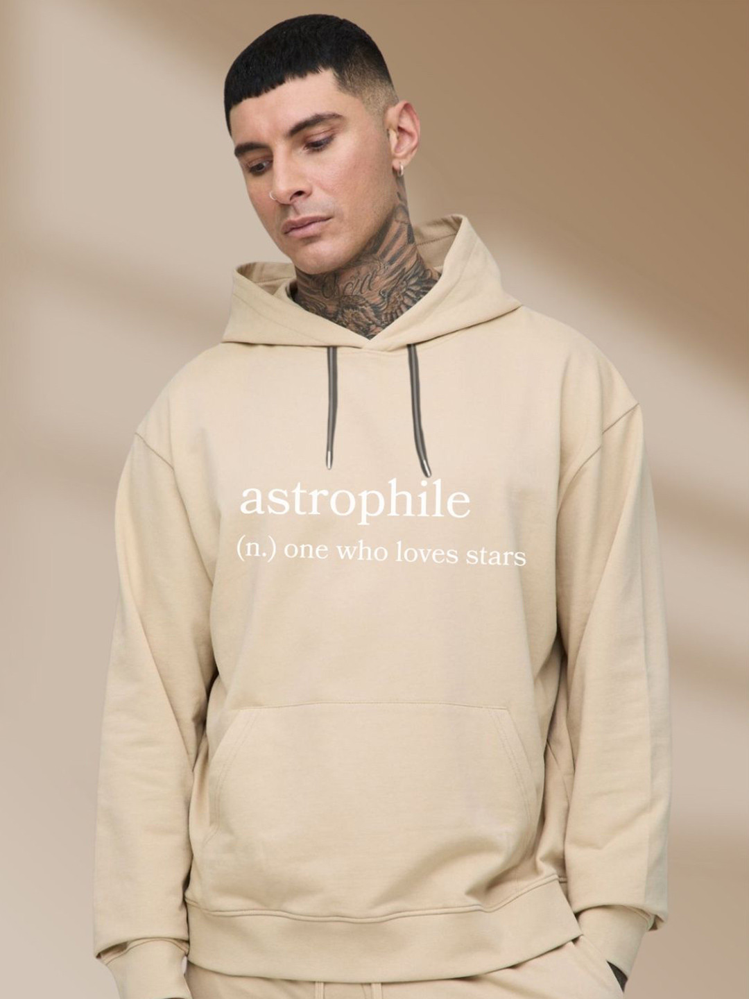 Astrophile Beige Hooded Long Sleeve Sweatshirt