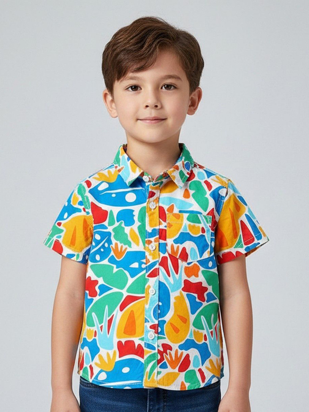 HOPZONIC Boys Custom Fit Abstract Printed Spread Collar Casual Shirt