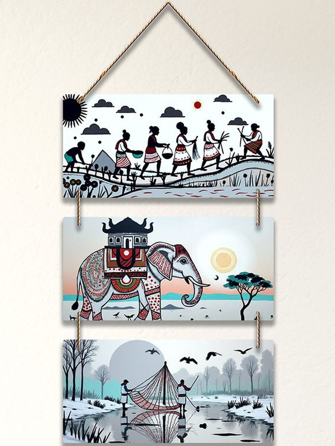 ArtVibes White & Black Printed Tribal Art Designer Wooden Wall Hanging