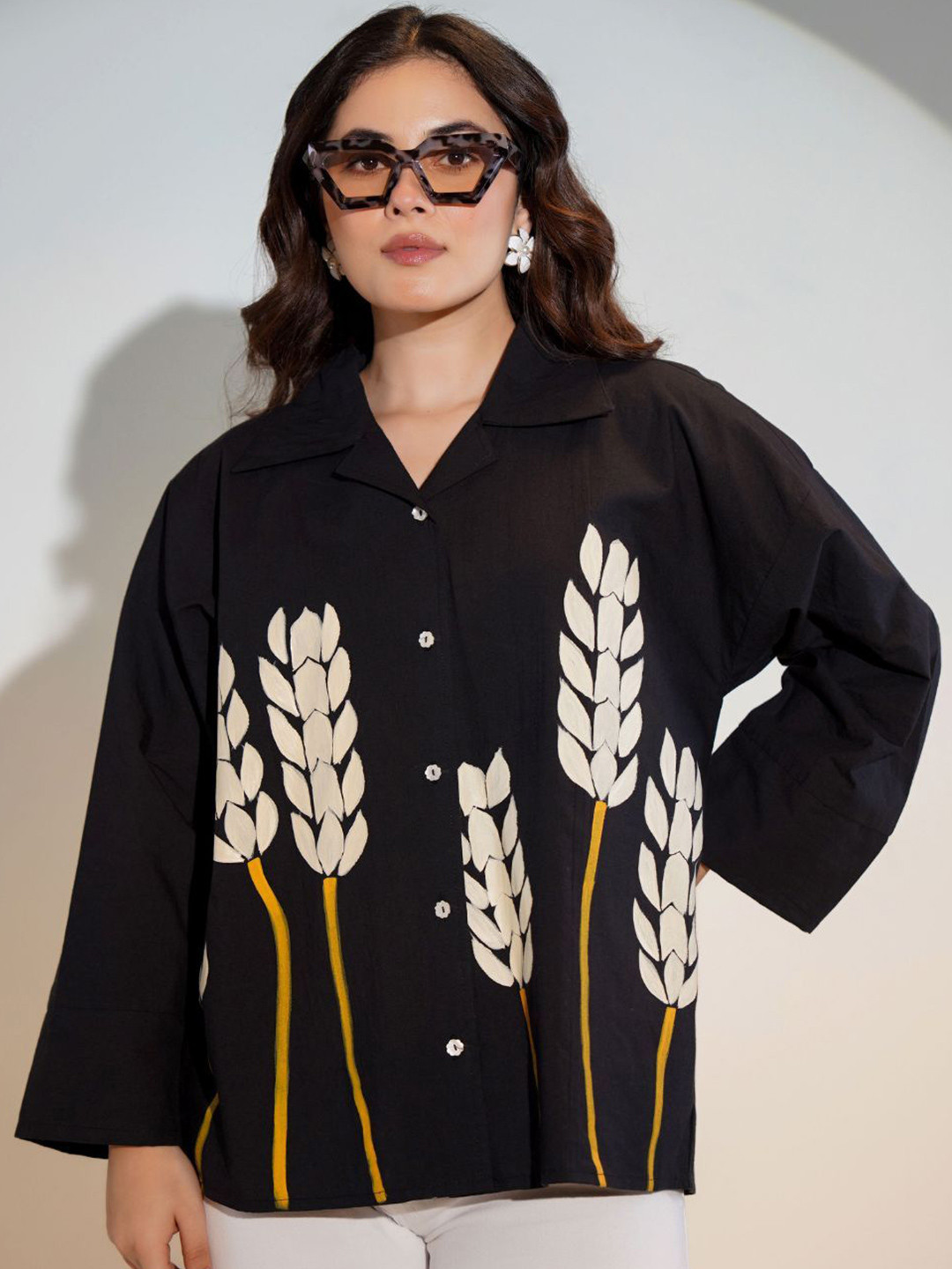 KALINI Women Relaxed Fit Hand Painted Floral Printed Cotton Casual Shirt