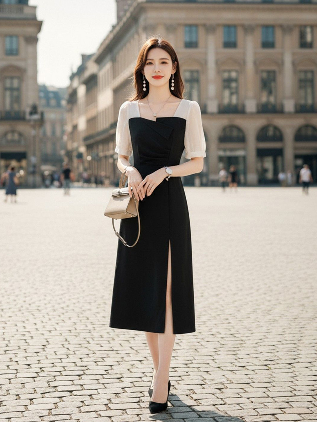 HERE&NOW Women Black Square Neck Polyester Colourblocked Puff Sleeve Sheath Midi Dress