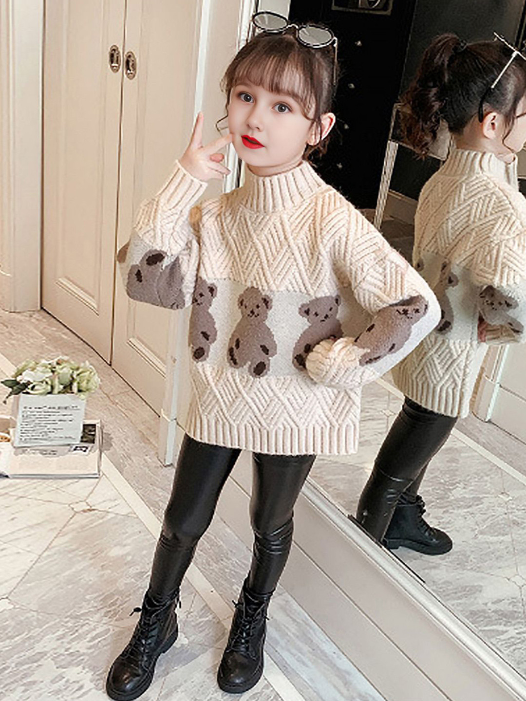 INCLUD Girls Self-Design Bear Patterns Printed Long Sleeves Pullover