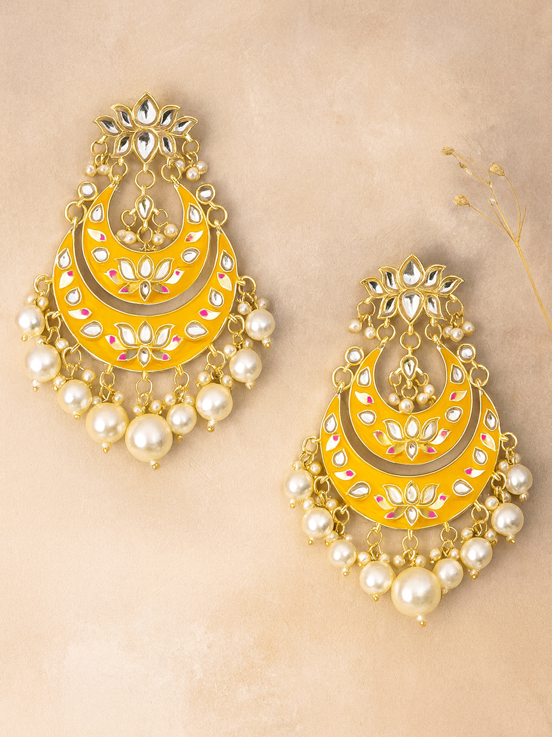 KARATCART Yellow & White Gold Plated Pearl Studded Chandbalis Earrings