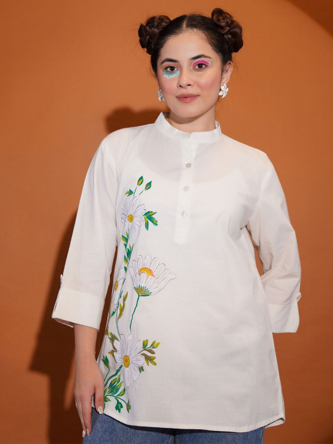 KALINI Women Relaxed Fit Hand Painted Floral Printed Cotton Casual Shirt