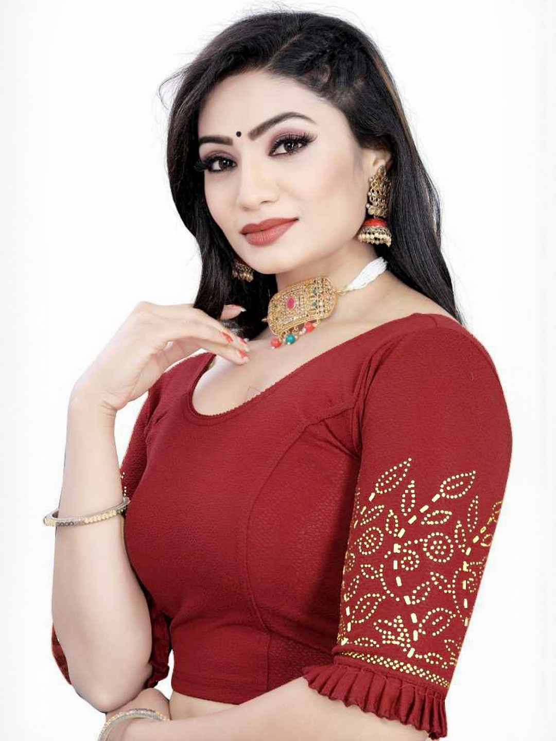 PU FASHION Women Readymade Half Sleeve Stone Work Strechable Blouse