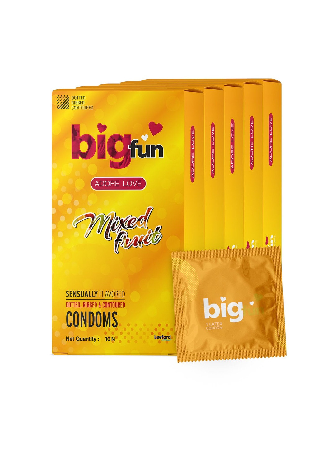 BIGFUN Set Of 5 Dotted, Ribbed & Contoured Condoms - Mixed Fruit - 10 Pieces Each