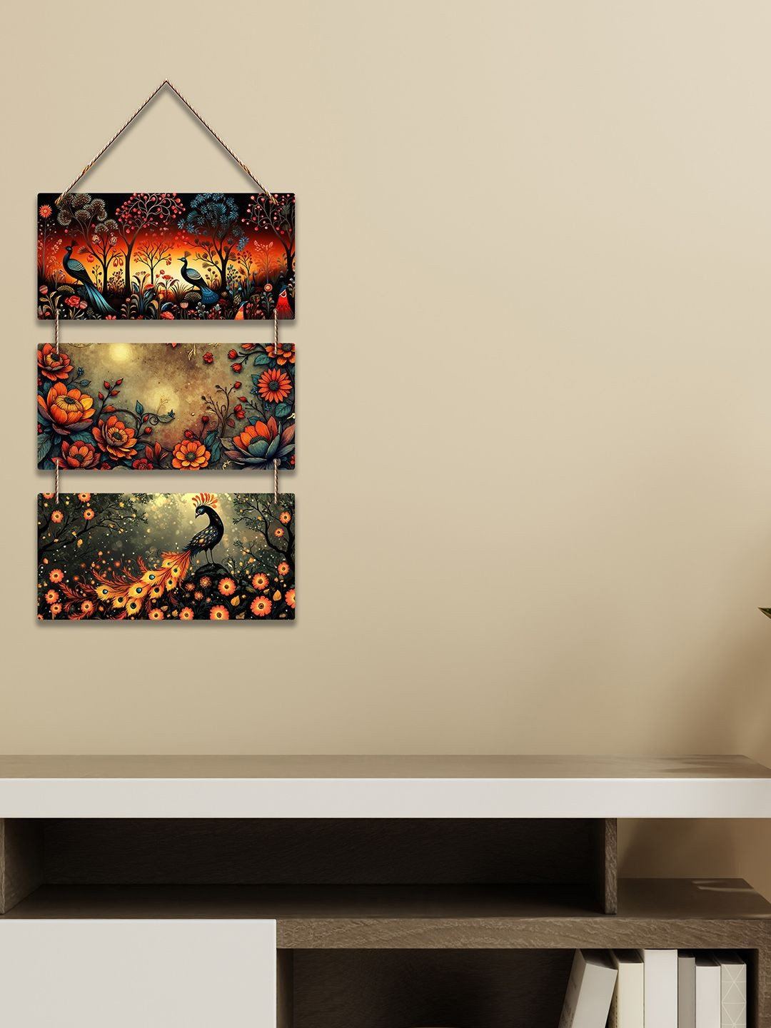 ArtVibes Majestic Peacock In Floral Wooden Wall Hangings