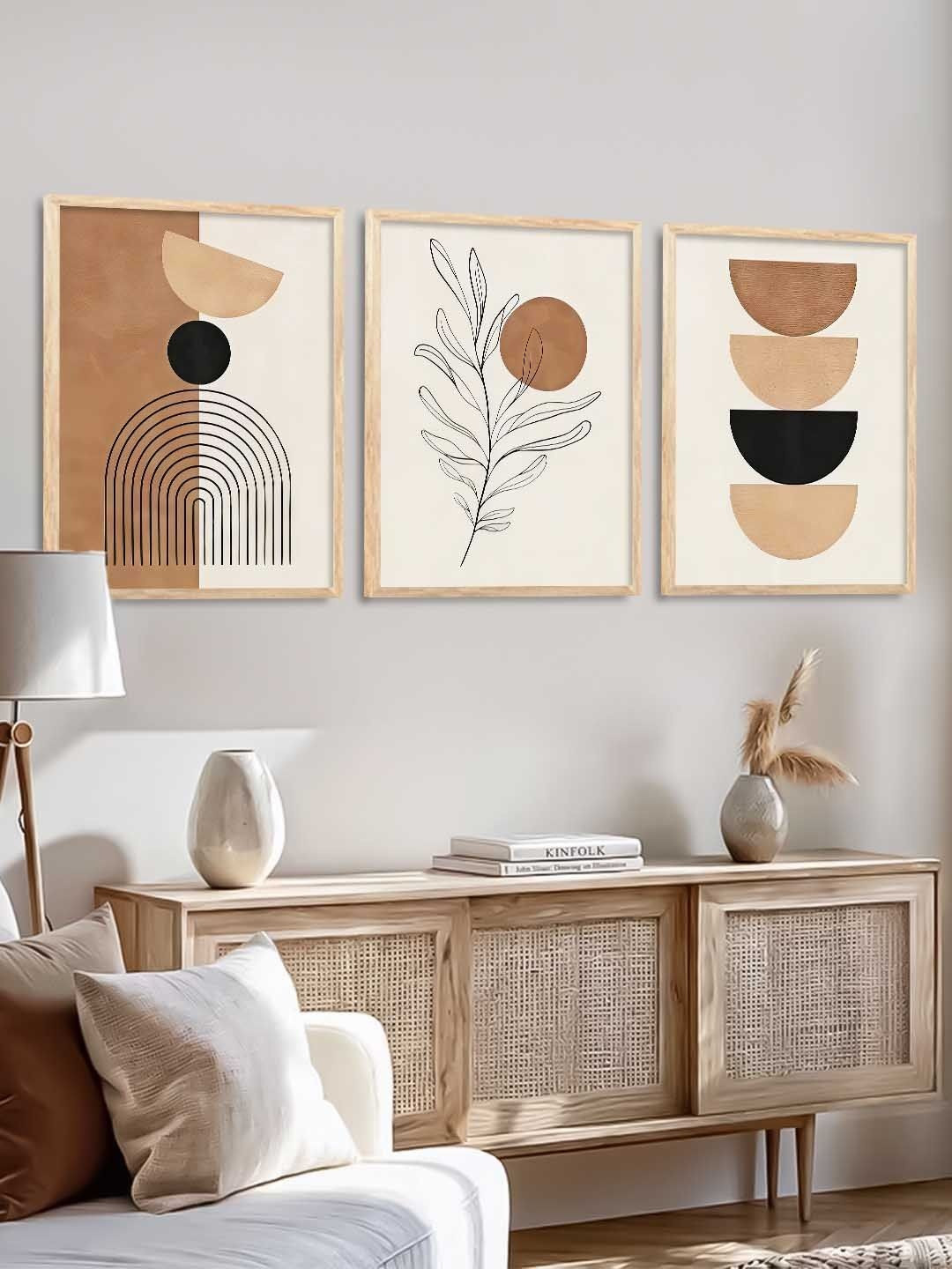 Kotart White & Beige 3 Pieces Boho Framed Posters Wooden Wall Arts